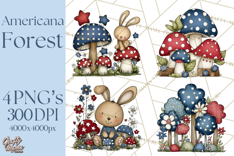 Patriotic Forest Animals Clipart, Whimsical Red White Blue