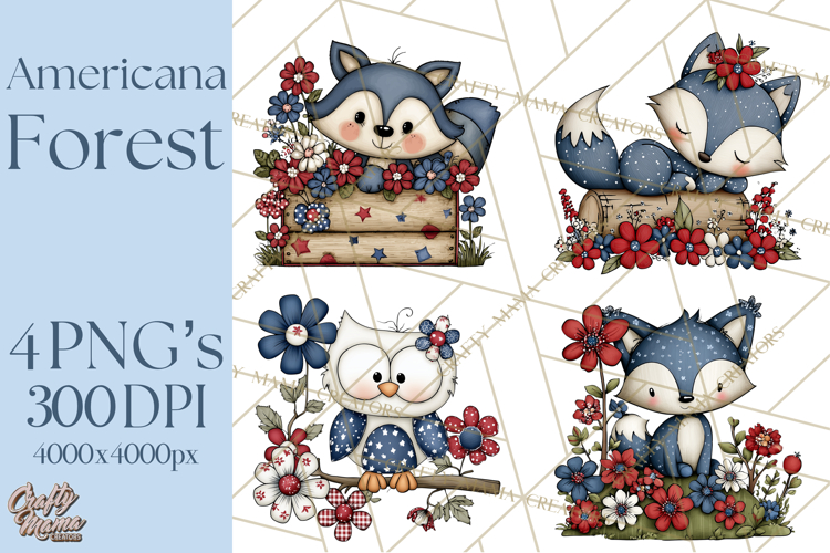 Patriotic Forest Animals Clipart, Whimsical Red White Blue