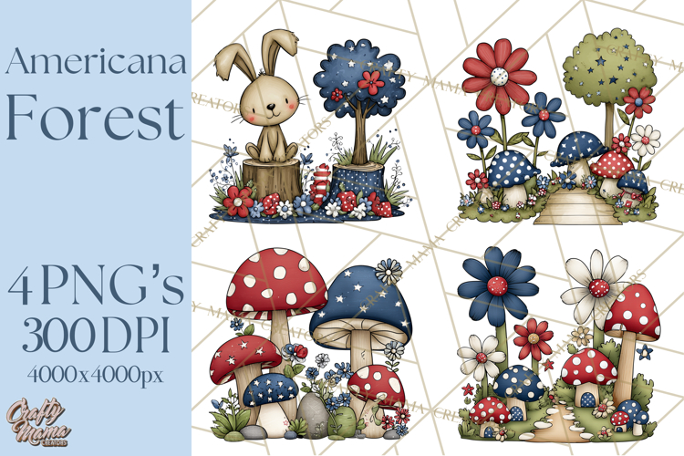 Patriotic Forest Animals Clipart, Whimsical Red White Blue