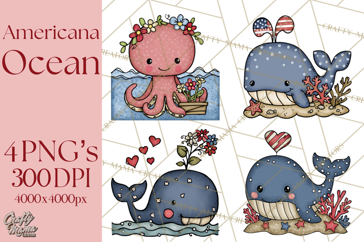 Patriotic Ocean Animals Clipart, Whimsical Red White Blue
