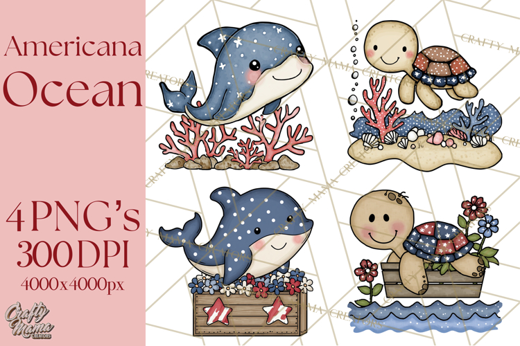 Patriotic Ocean Animals Clipart, Whimsical Red White Blue