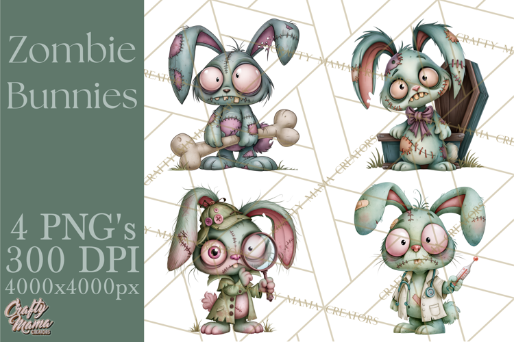 Cute Zombie Bunnies PNG Clipart, Halloween Animals