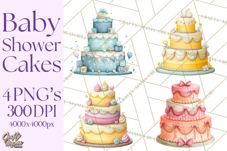 Watercolor Baby Shower Cakes PNG, Cupcakes, Tiered Desserts