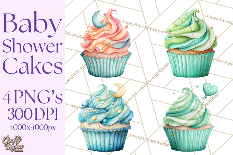 Watercolor Baby Shower Cakes PNG, Cupcakes, Tiered Desserts