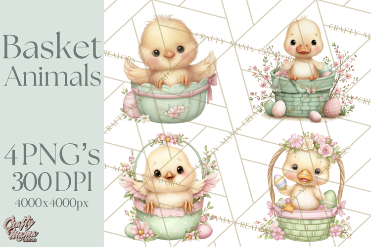 Easter Baby Animals in Baskets Clipart, Cute Lambs Png