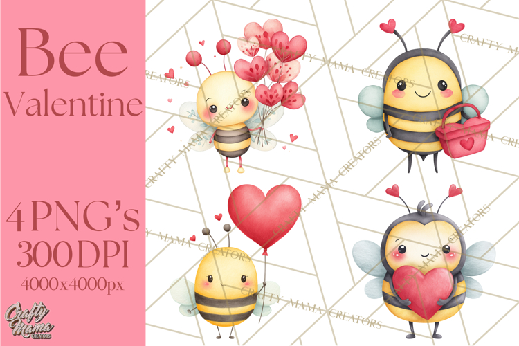 Bee Valentine Clipart PNG, Cute Kawaii Bee With Hearts