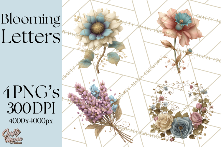 Blooming Letters Clipart, Floral Alphabet Clip Art PNG