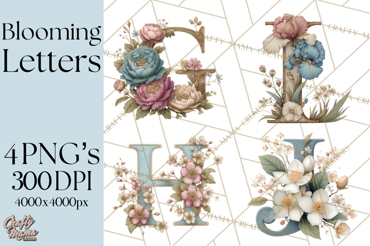 Blooming Letters Clipart, Floral Alphabet Clip Art PNG