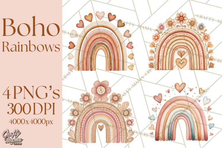 Valentine Boho Rainbow Clipart, Romantic Heart Rainbows PNG