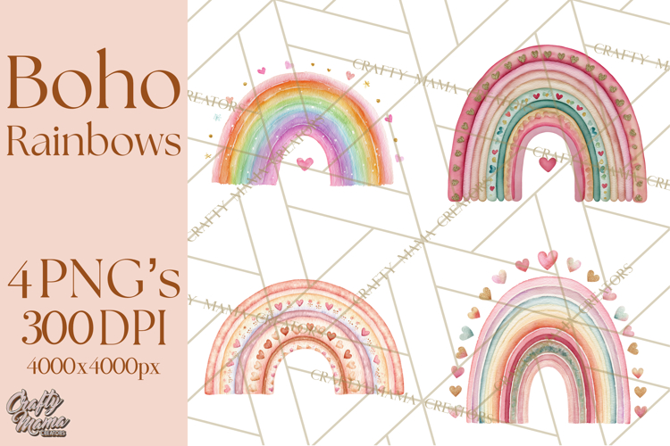 Valentine Boho Rainbow Clipart, Romantic Heart Rainbows PNG