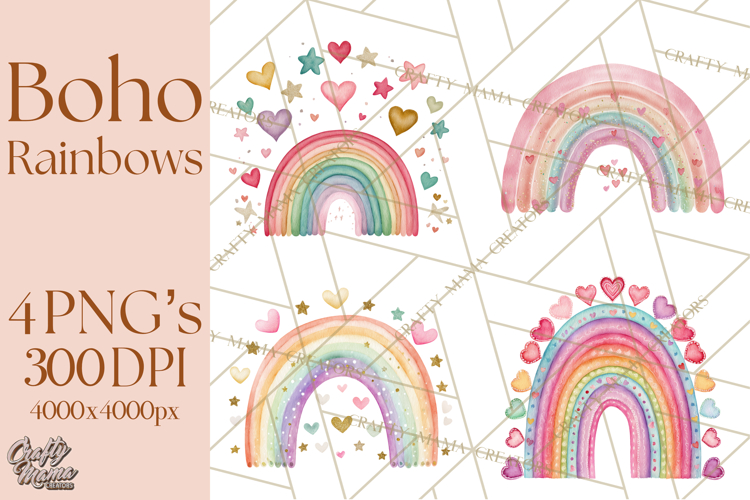 Valentine Boho Rainbow Clipart, Romantic Heart Rainbows PNG