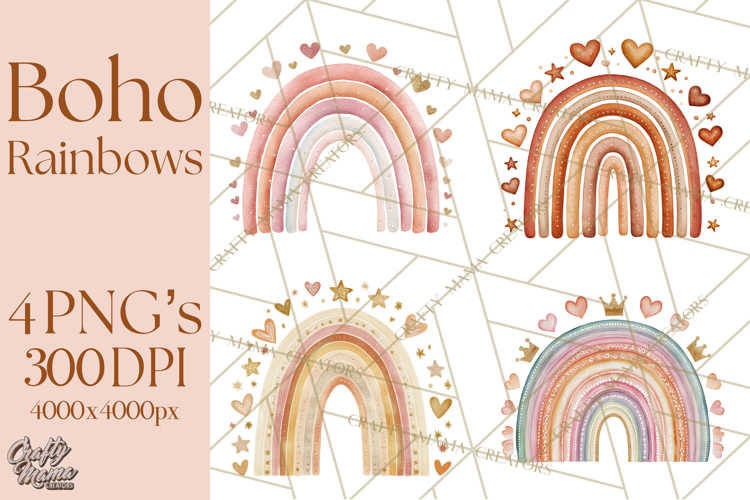 Valentine Boho Rainbow Clipart, Romantic Heart Rainbows PNG