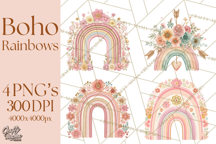 Valentine Boho Rainbow Clipart, Romantic Heart Rainbows PNG