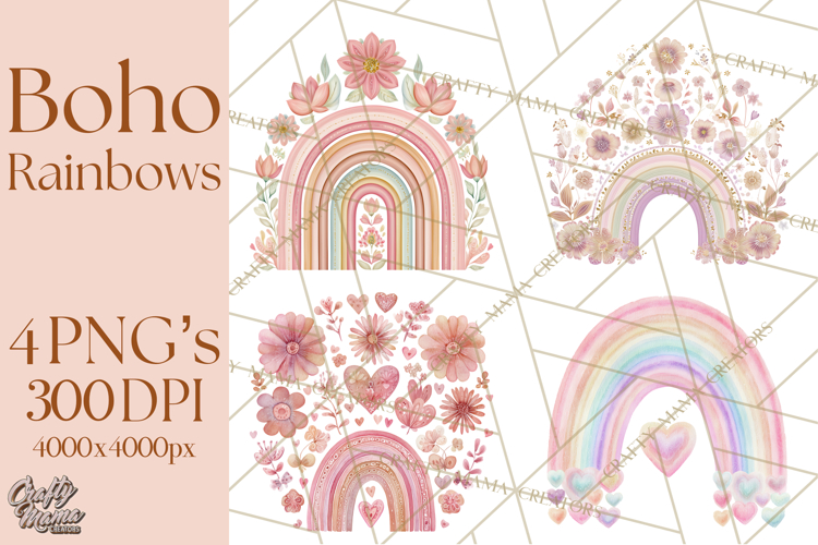 Valentine Boho Rainbow Clipart, Romantic Heart Rainbows PNG