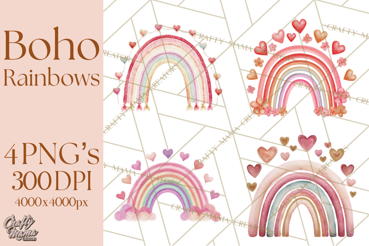 Valentine Boho Rainbow Clipart, Romantic Heart Rainbows PNG