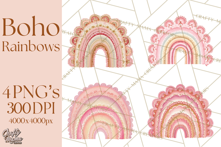 Valentine Boho Rainbow Clipart, Romantic Heart Rainbows PNG