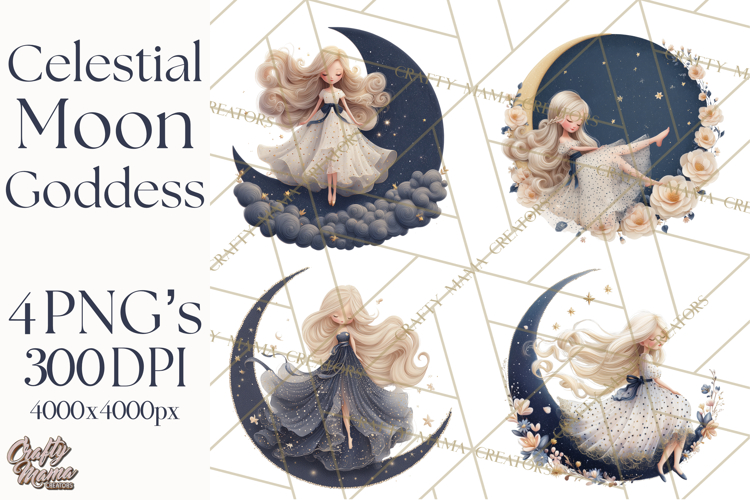 Celestial Moon Goddess Clipart, Fantasy Women, Crescent Moon