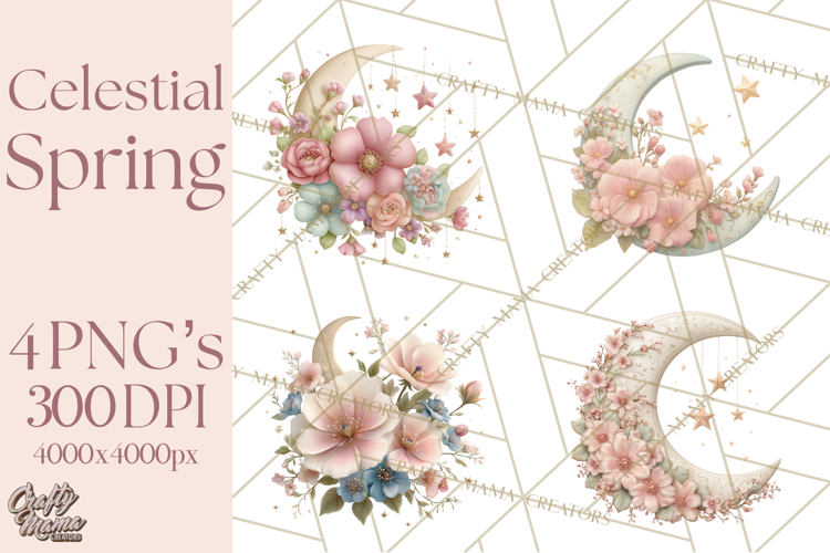 Celestial Spring PNG, Stars Florals Clipart, Dreamy Gradient
