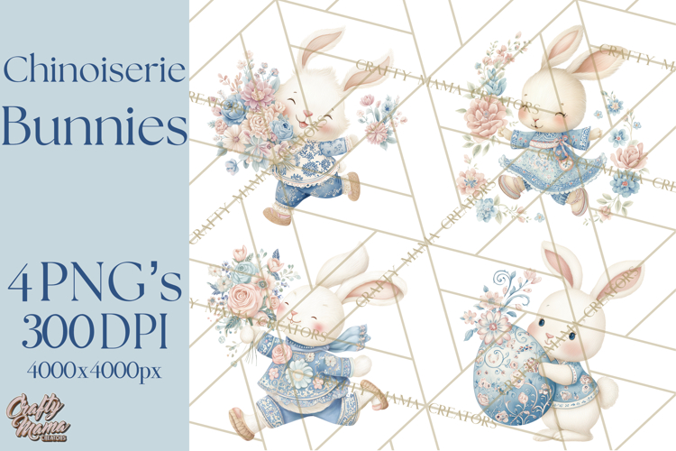 Chinoiserie Easter Clipart, Cute Elegant Bunny Easter Png