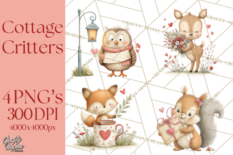 Cozy Cottage Valentine Critters Clipart PNG Animals