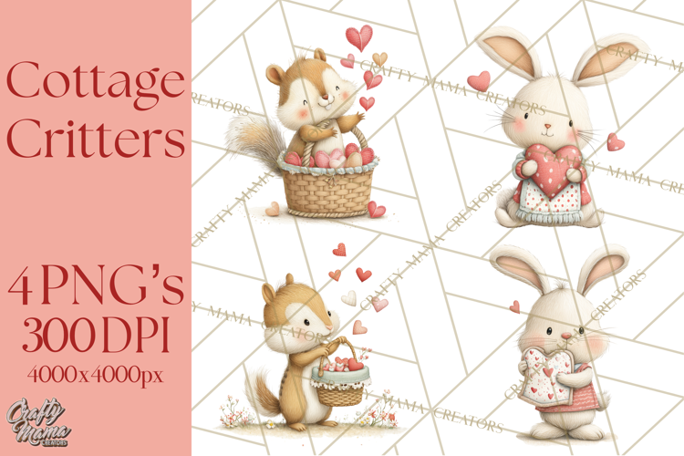 Cozy Cottage Valentine Critters Clipart PNG Animals