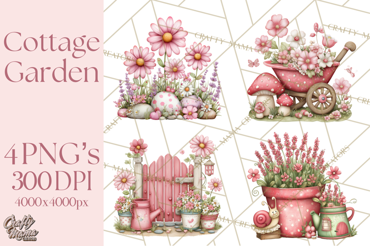 Cozy Cottage Garden Clipart, Pastel Flowers, Garden Tools