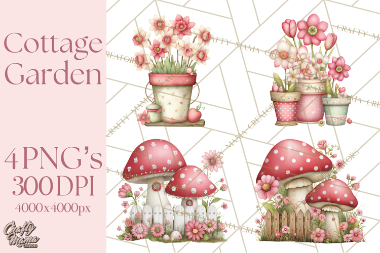 Cozy Cottage Garden Clipart, Pastel Flowers, Garden Tools