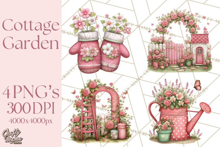 Cozy Cottage Garden Clipart, Pastel Flowers, Garden Tools