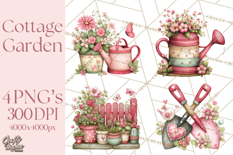 Cozy Cottage Garden Clipart, Pastel Flowers, Garden Tools