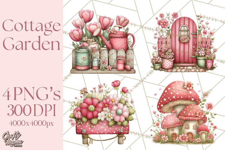 Cozy Cottage Garden Clipart, Pastel Flowers, Garden Tools