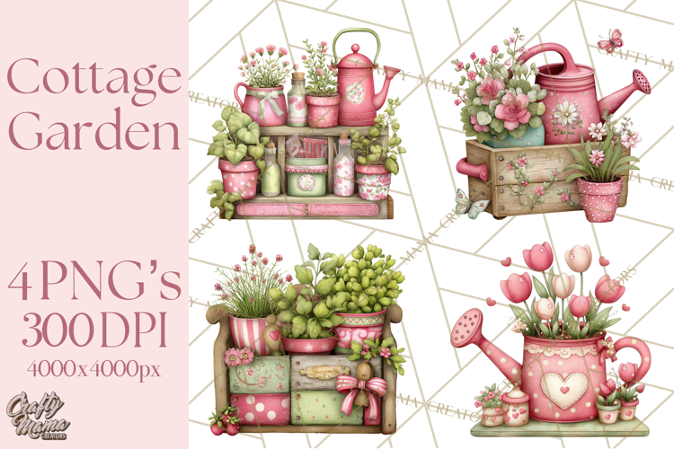 Cozy Cottage Garden Clipart, Pastel Flowers, Garden Tools