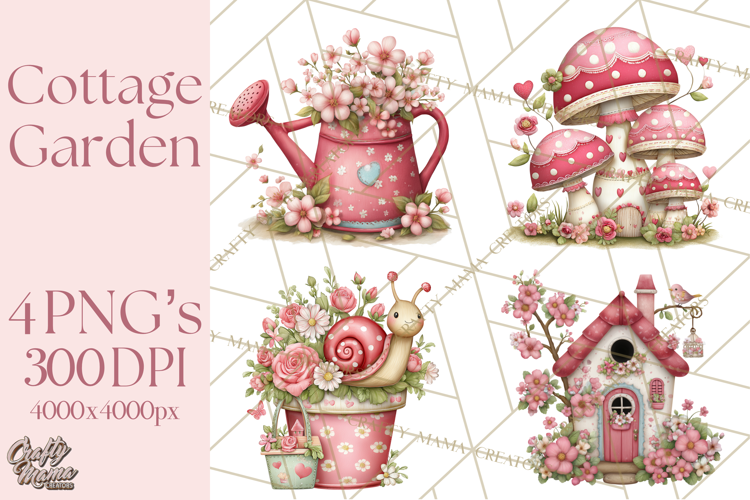 Cozy Cottage Garden Clipart, Pastel Flowers, Garden Tools