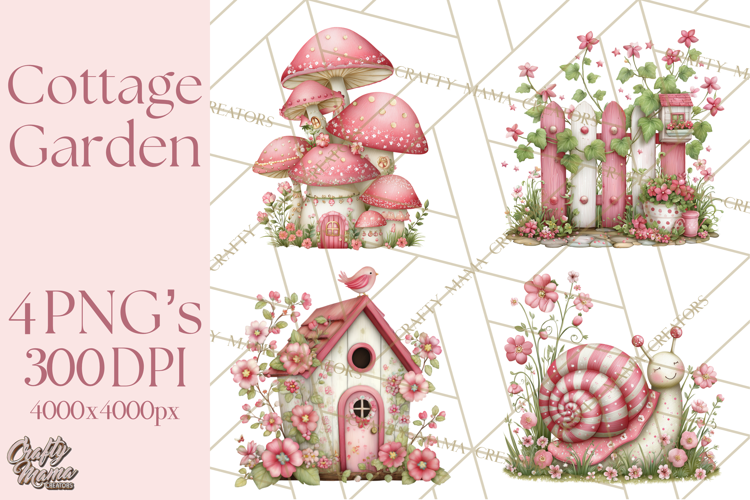 Cozy Cottage Garden Clipart, Pastel Flowers, Garden Tools