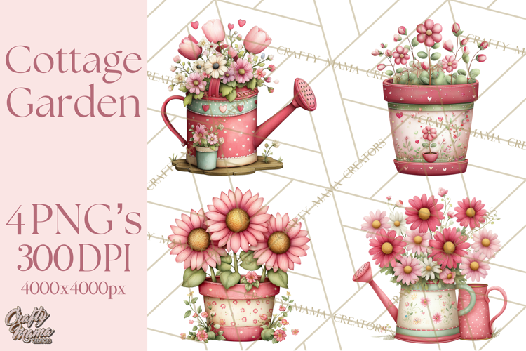 Cozy Cottage Garden Clipart, Pastel Flowers, Garden Tools