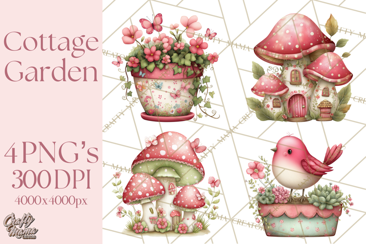 Cozy Cottage Garden Clipart, Pastel Flowers, Garden Tools