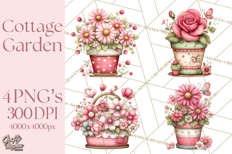 Cozy Cottage Garden Clipart, Pastel Flowers, Garden Tools