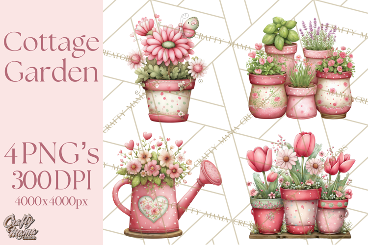 Cozy Cottage Garden Clipart, Pastel Flowers, Garden Tools