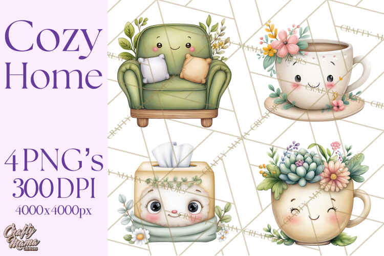 Spring Cozy Home Clipart, Cute Kawaii House Decor Icons PNG