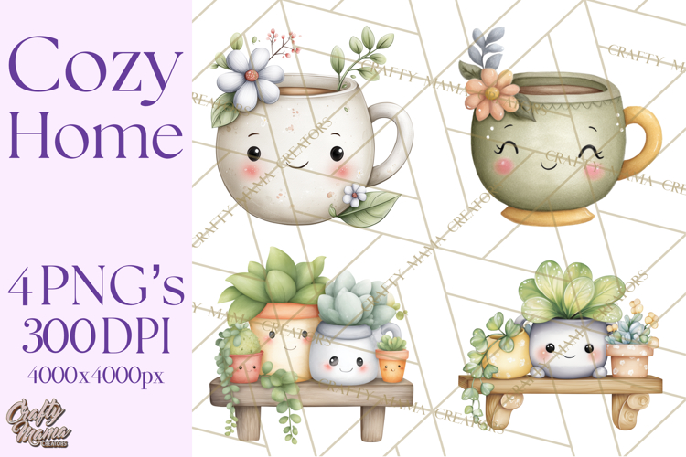 Spring Cozy Home Clipart, Cute Kawaii House Decor Icons PNG