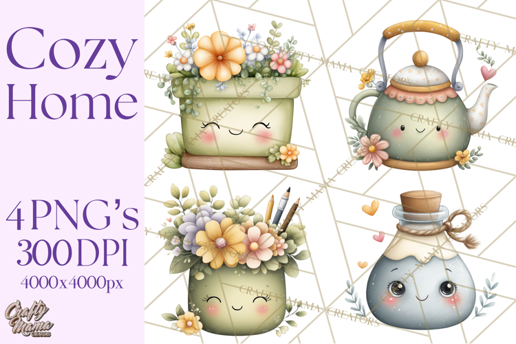 Spring Cozy Home Clipart, Cute Kawaii House Decor Icons PNG