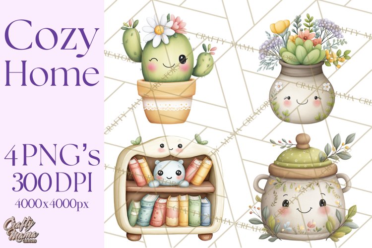 Spring Cozy Home Clipart, Cute Kawaii House Decor Icons PNG