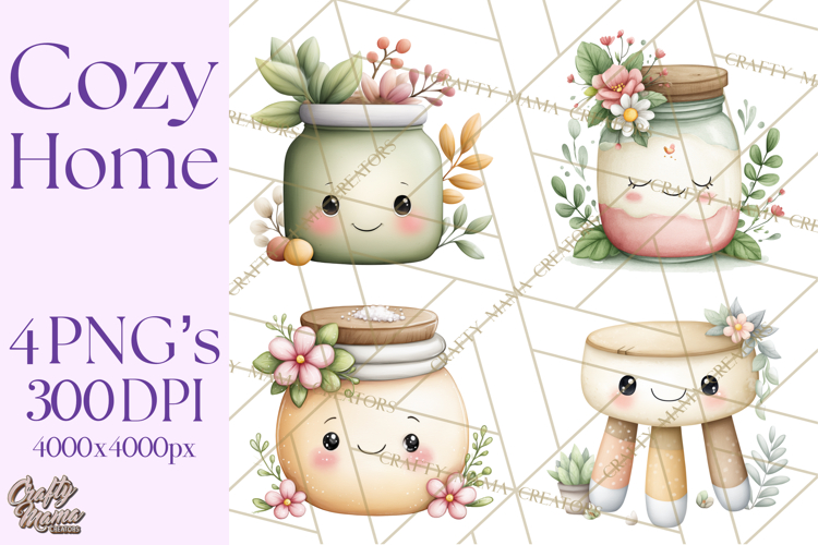 Spring Cozy Home Clipart, Cute Kawaii House Decor Icons PNG