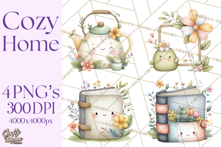 Spring Cozy Home Clipart, Cute Kawaii House Decor Icons PNG