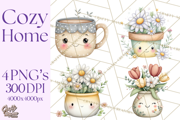 Spring Cozy Home Clipart, Cute Kawaii House Decor Icons PNG