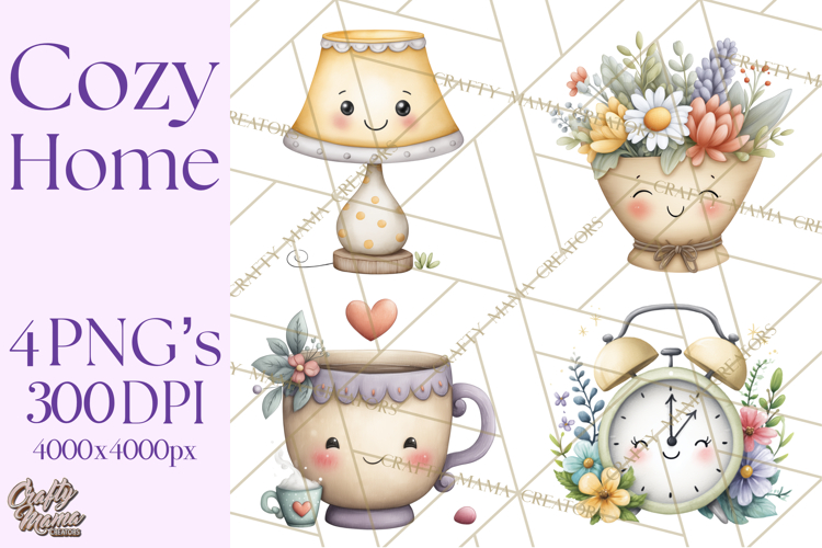 Spring Cozy Home Clipart, Cute Kawaii House Decor Icons PNG