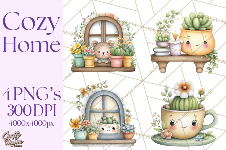 Spring Cozy Home Clipart, Cute Kawaii House Decor Icons PNG