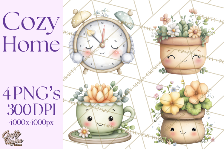 Spring Cozy Home Clipart, Cute Kawaii House Decor Icons PNG