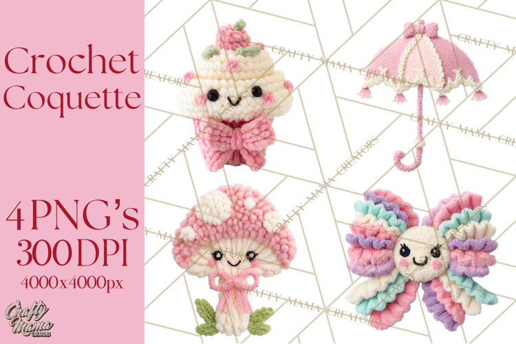 Crochet Coquette Clipart Kawaii Pastel Fruits Toys Yarn PNG