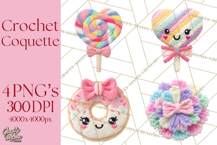 Crochet Coquette Clipart Kawaii Pastel Fruits Toys Yarn PNG
