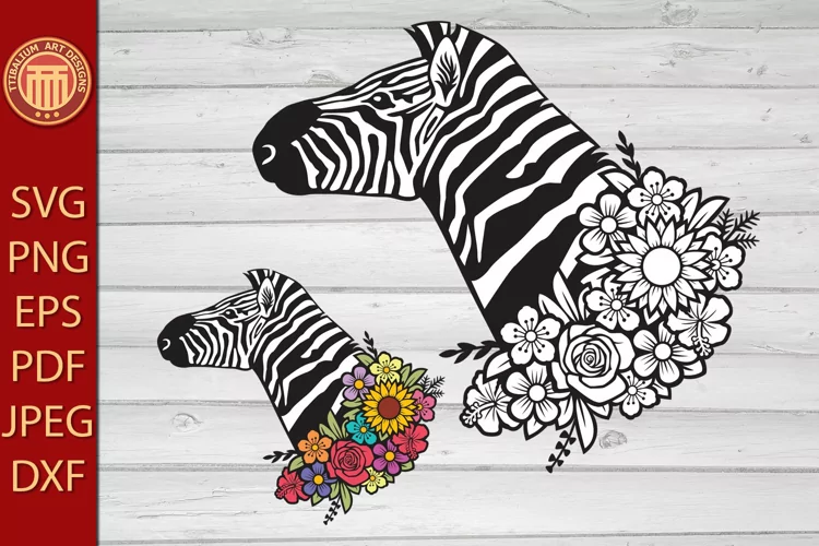 Zebra Head with Flowers - eps, jpg, dxf, svg, pdf, png files